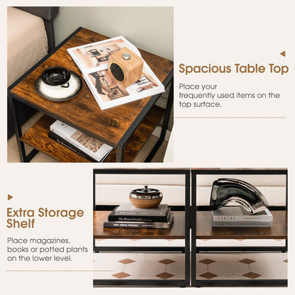 Set of 2 Industrial End Tables with 2-Tier Storage Shelf-Rustic Brown