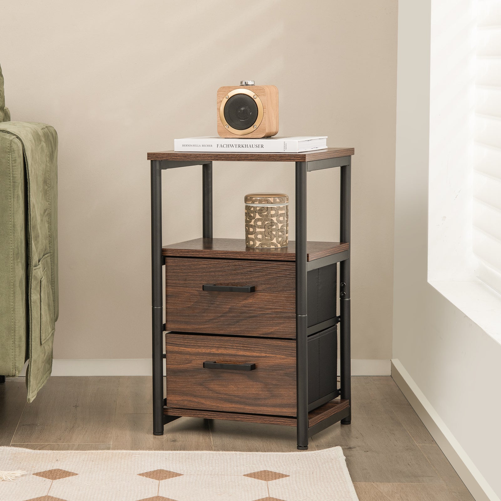 Metal Frame Bedside Table with Open Shelf and 2 Drawers-Rustic Brown