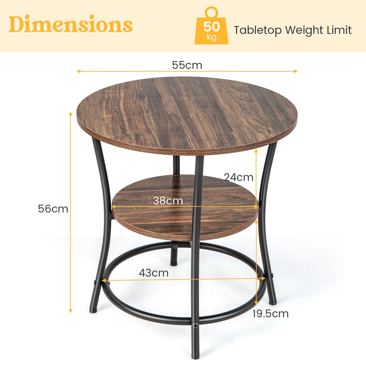2-Tier Round End Table with Open Storage Shelf and Metal Frame-Brown