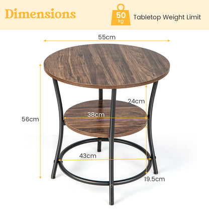2-Tier Round End Table with Open Storage Shelf and Metal Frame-Brown