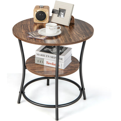 2-Tier Round End Table with Open Storage Shelf and Metal Frame-Brown
