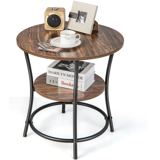 2-Tier Round End Table with Open Storage Shelf and Metal Frame-Brown