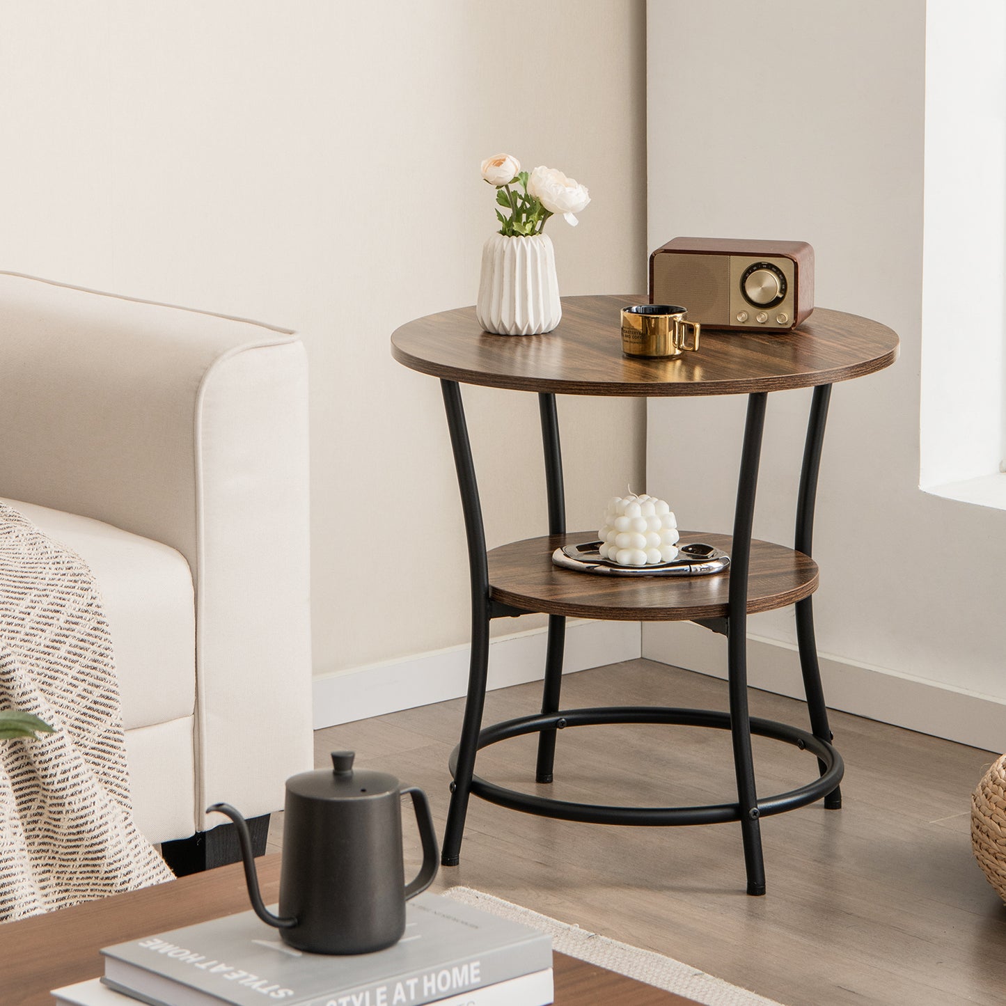 2-Tier Round End Table with Open Storage Shelf and Metal Frame-Brown