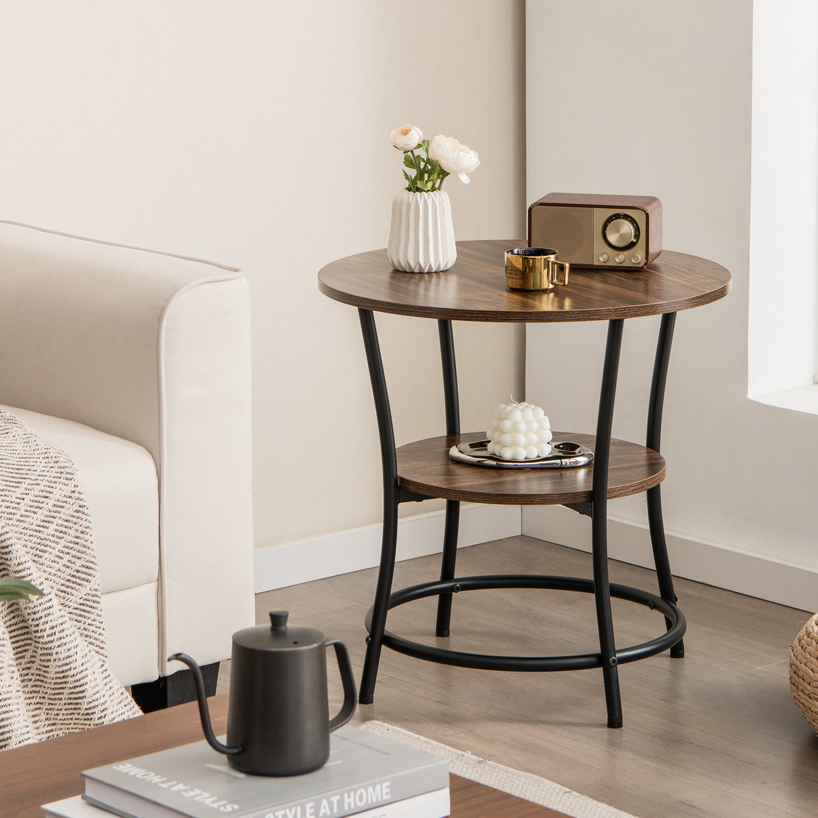 2-Tier Round End Table with Open Storage Shelf and Metal Frame-Brown