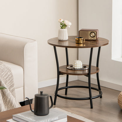 2-Tier Round End Table with Open Storage Shelf and Metal Frame-Brown