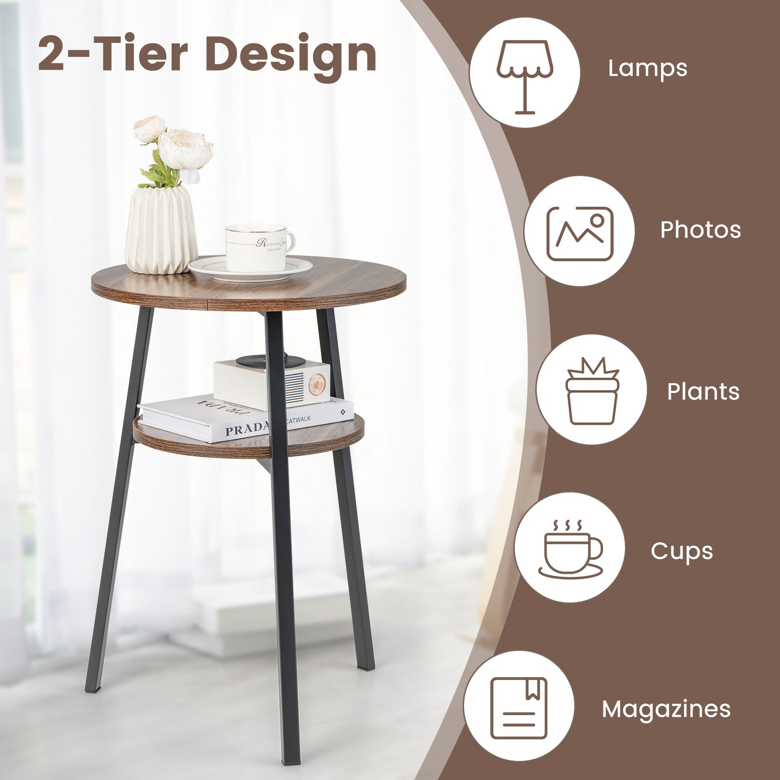 2-Tier Wooden Round Side Table with Storage Shelf-Brown