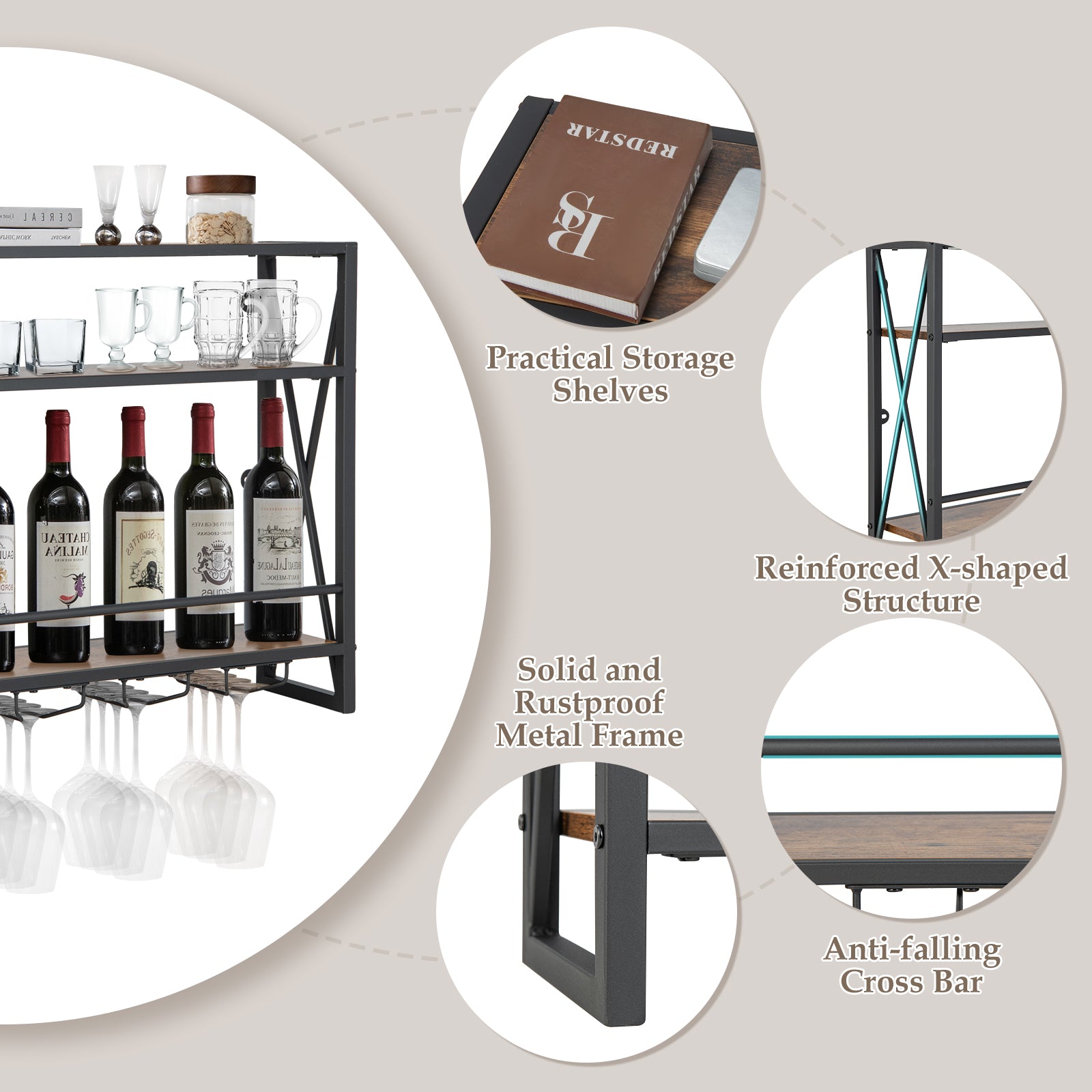 Metal Hanging Wine Bottle Holder Heavy Duty for Home Bar-3-Tier