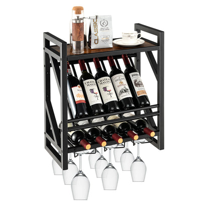 Wall Mounted Wine Rack with 2-Tier Rack and 3 Rows of Stemware Holder