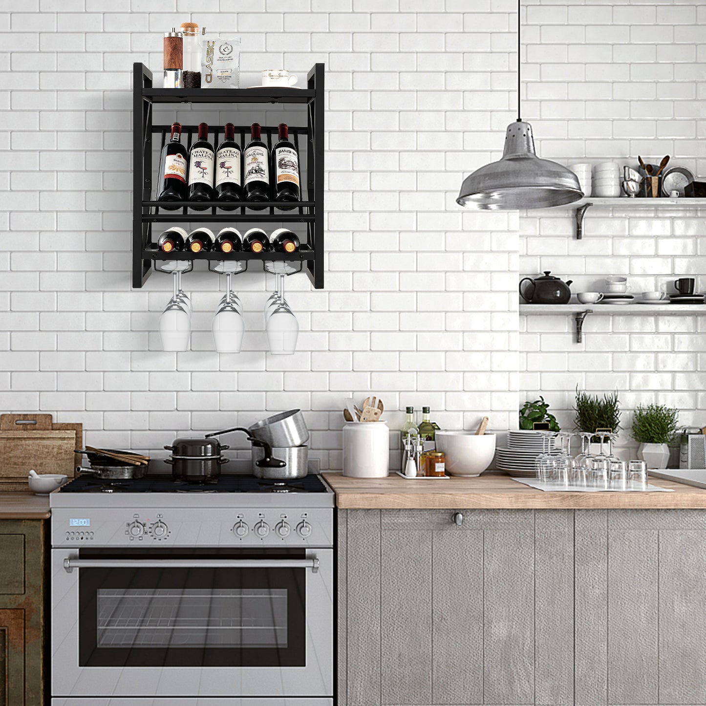 Wall Mounted Wine Rack with 2-Tier Rack and 3 Rows of Stemware Holder