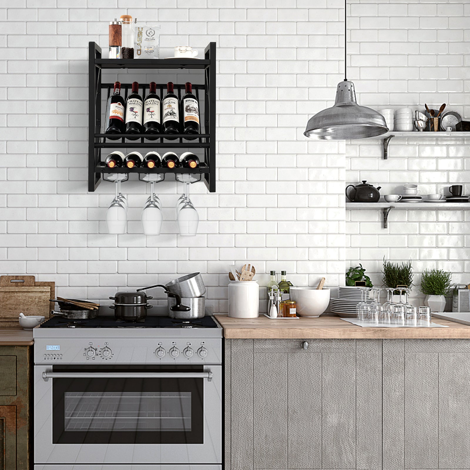 Wall Mounted Wine Rack with 2-Tier Rack and 3 Rows of Stemware Holder