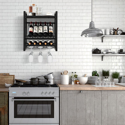Wall Mounted Wine Rack with 2-Tier Rack and 3 Rows of Stemware Holder