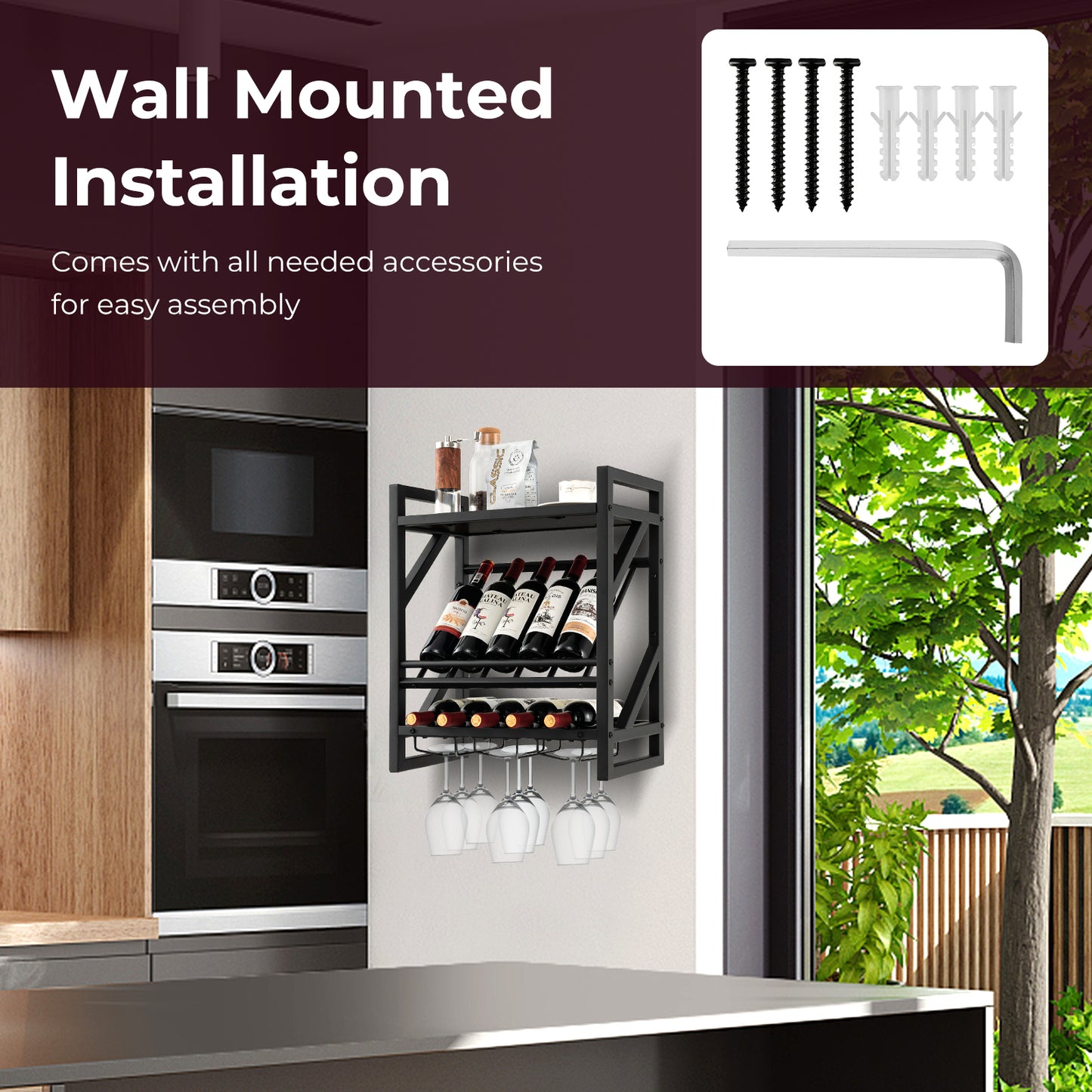 Wall Mounted Wine Rack with 2-Tier Rack and 3 Rows of Stemware Holder