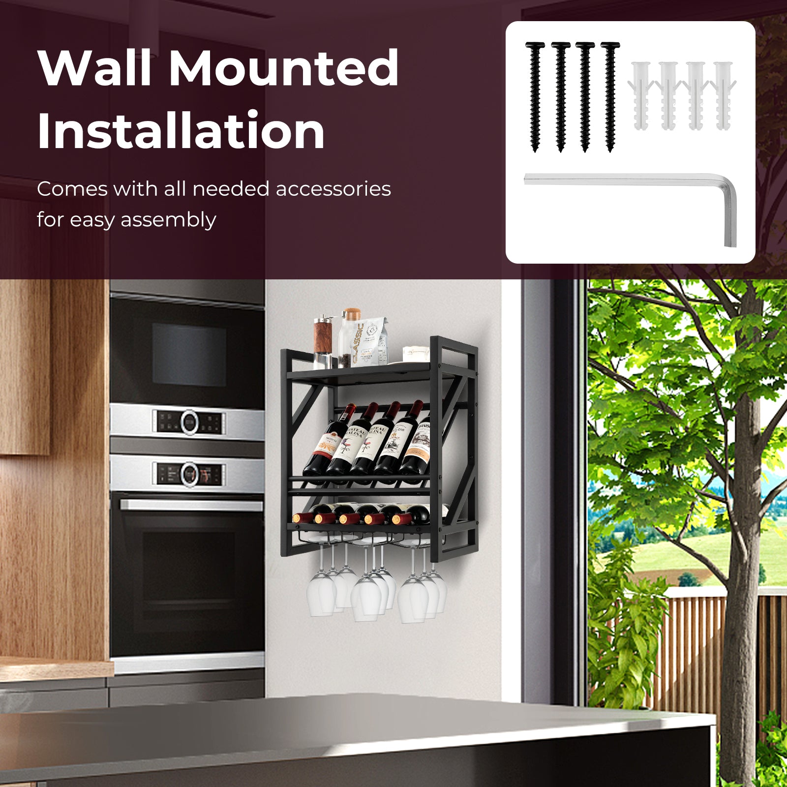 Wall Mounted Wine Rack with 2-Tier Rack and 3 Rows of Stemware Holder