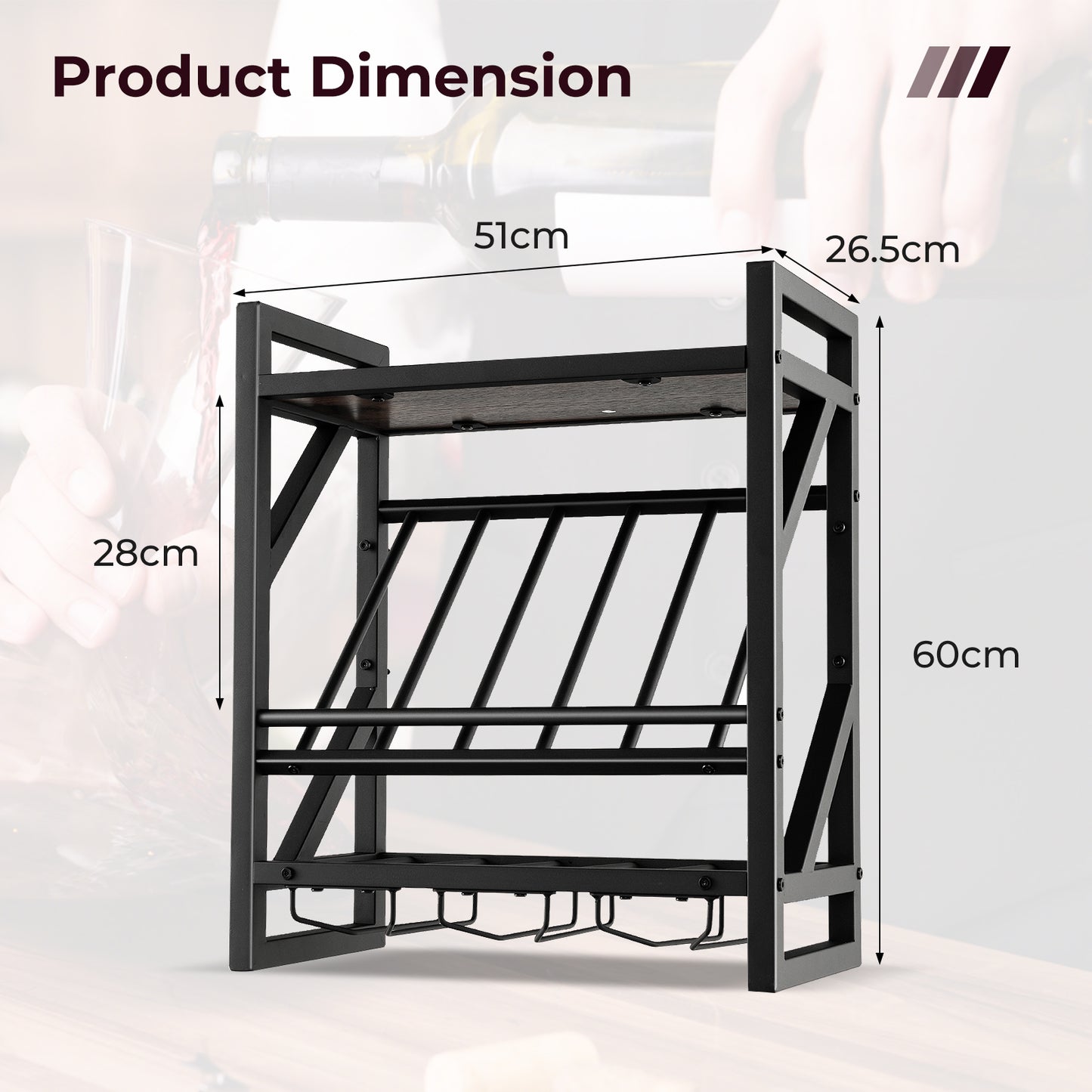 Wall Mounted Wine Rack with 2-Tier Rack and 3 Rows of Stemware Holder