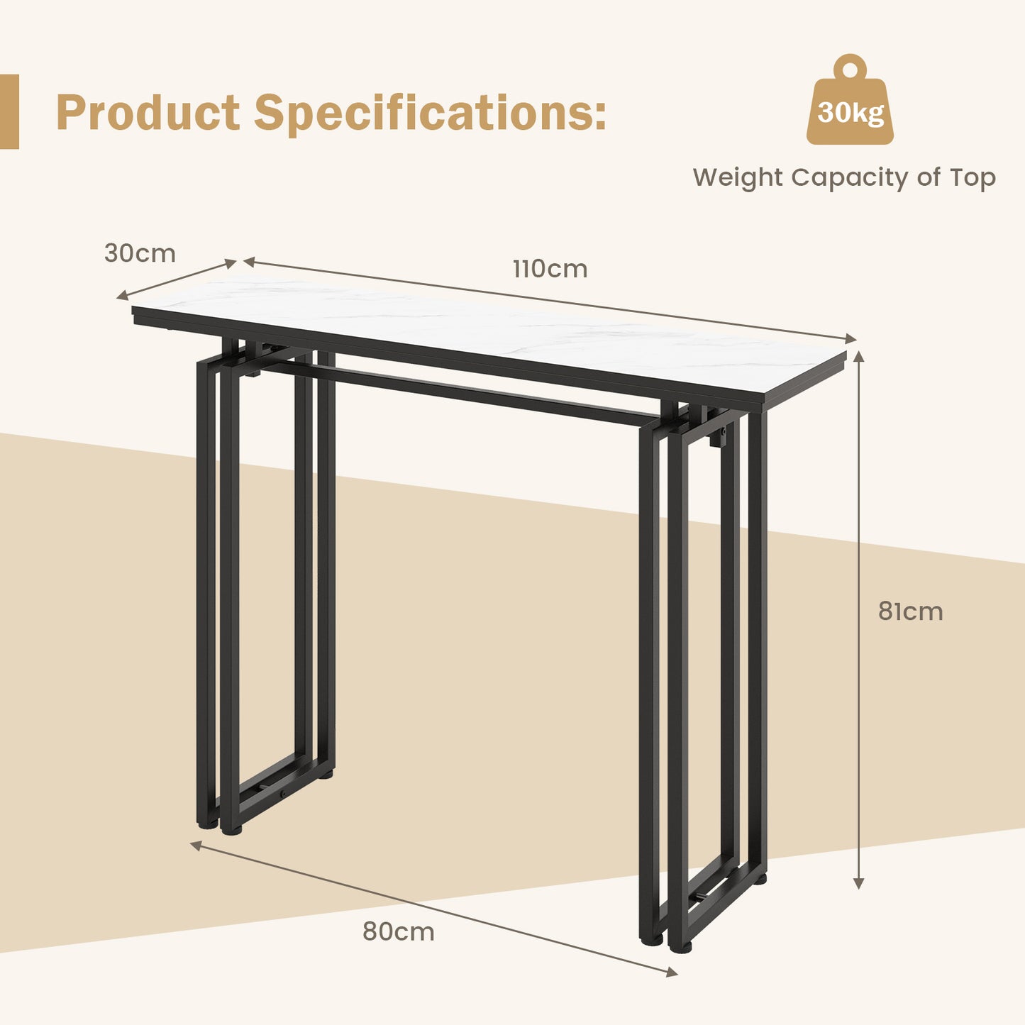 Modern Faux Marble Top Entryway Table with Heavy-duty Metal Frame-Black