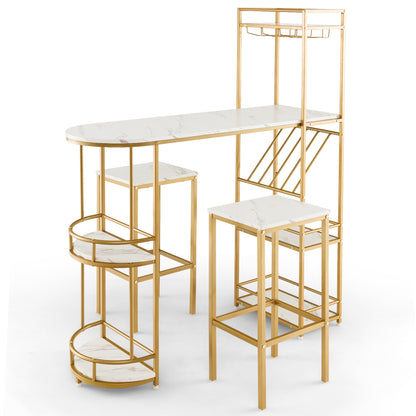 3 Pieces BAr Table Set with Storage Shelves and Glass Holder-Golden