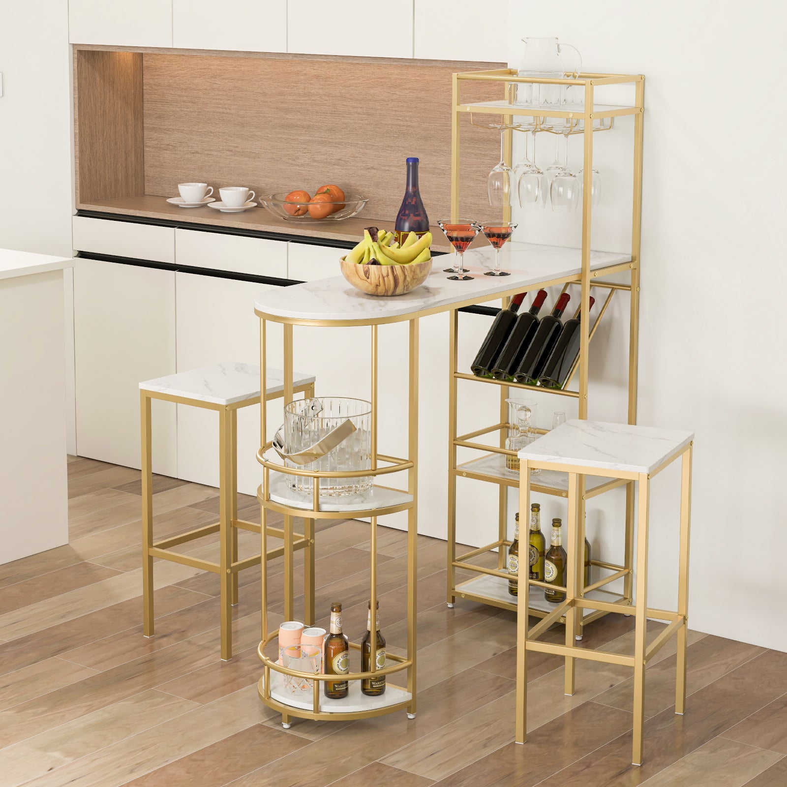 3 Pieces BAr Table Set with Storage Shelves and Glass Holder-Golden