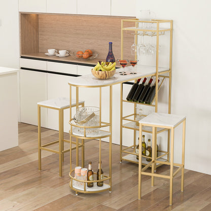 3 Pieces BAr Table Set with Storage Shelves and Glass Holder-Golden