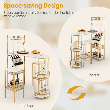 3 Pieces BAr Table Set with Storage Shelves and Glass Holder-Golden
