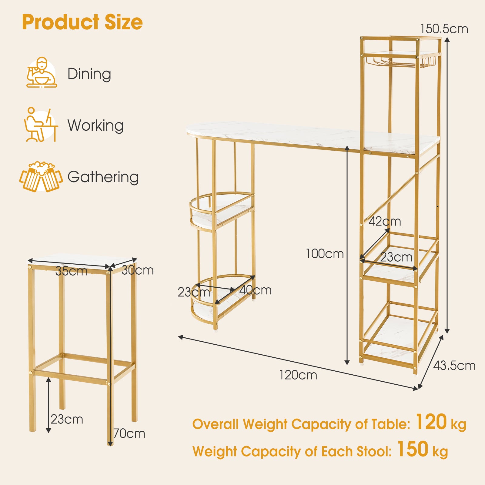 3 Pieces BAr Table Set with Storage Shelves and Glass Holder-Golden