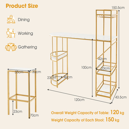 3 Pieces BAr Table Set with Storage Shelves and Glass Holder-Golden