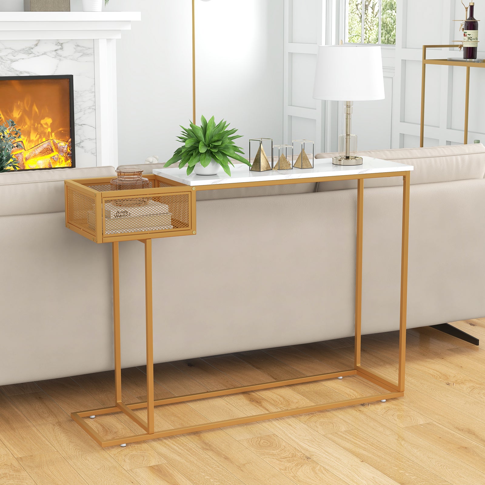Gold Console Table with Storage Basket and Sturdy Metal Frame-Golden