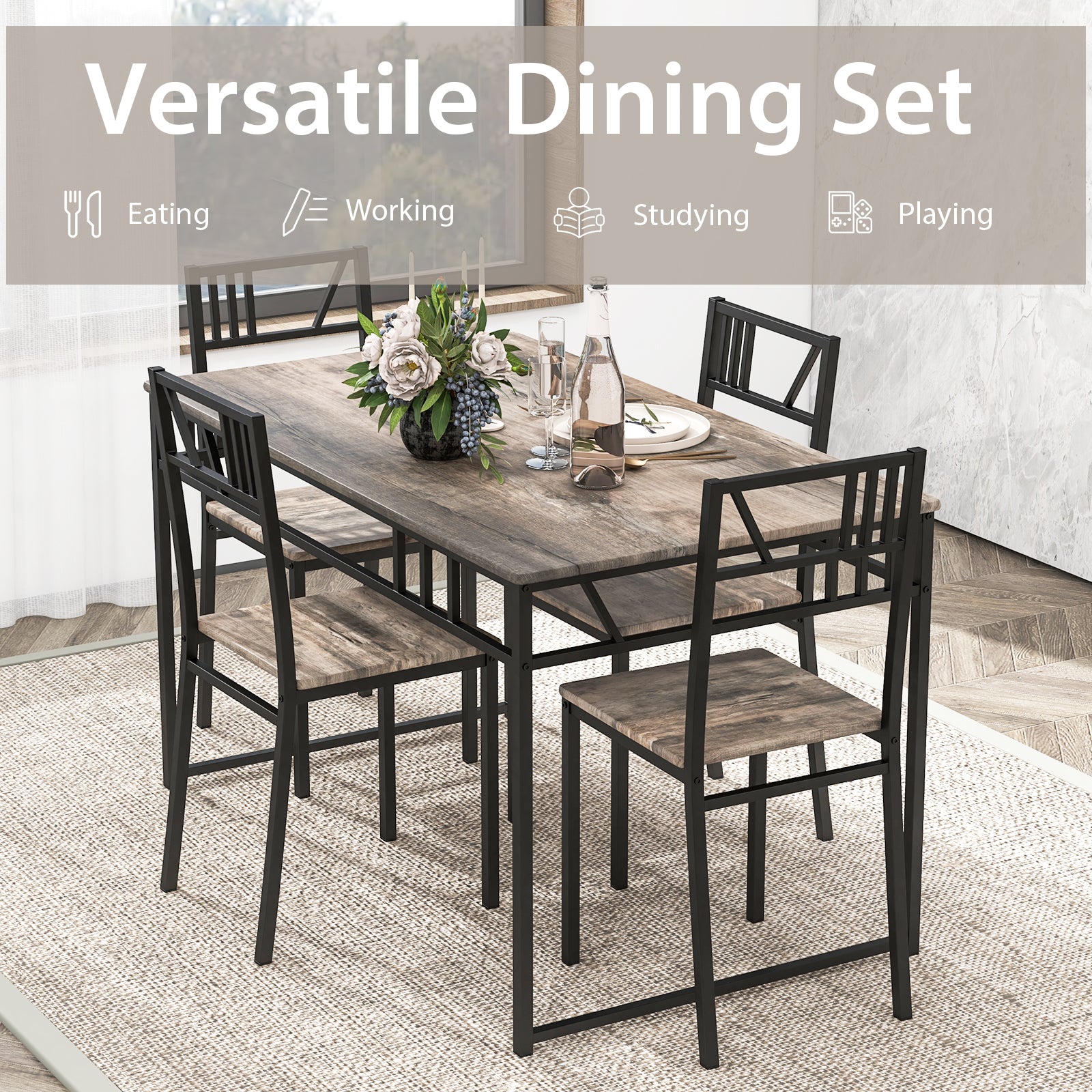 Industrial-Style Kitchen Table and 4 Chairs with Wood Like Tabletop and Metal Frame-Grey