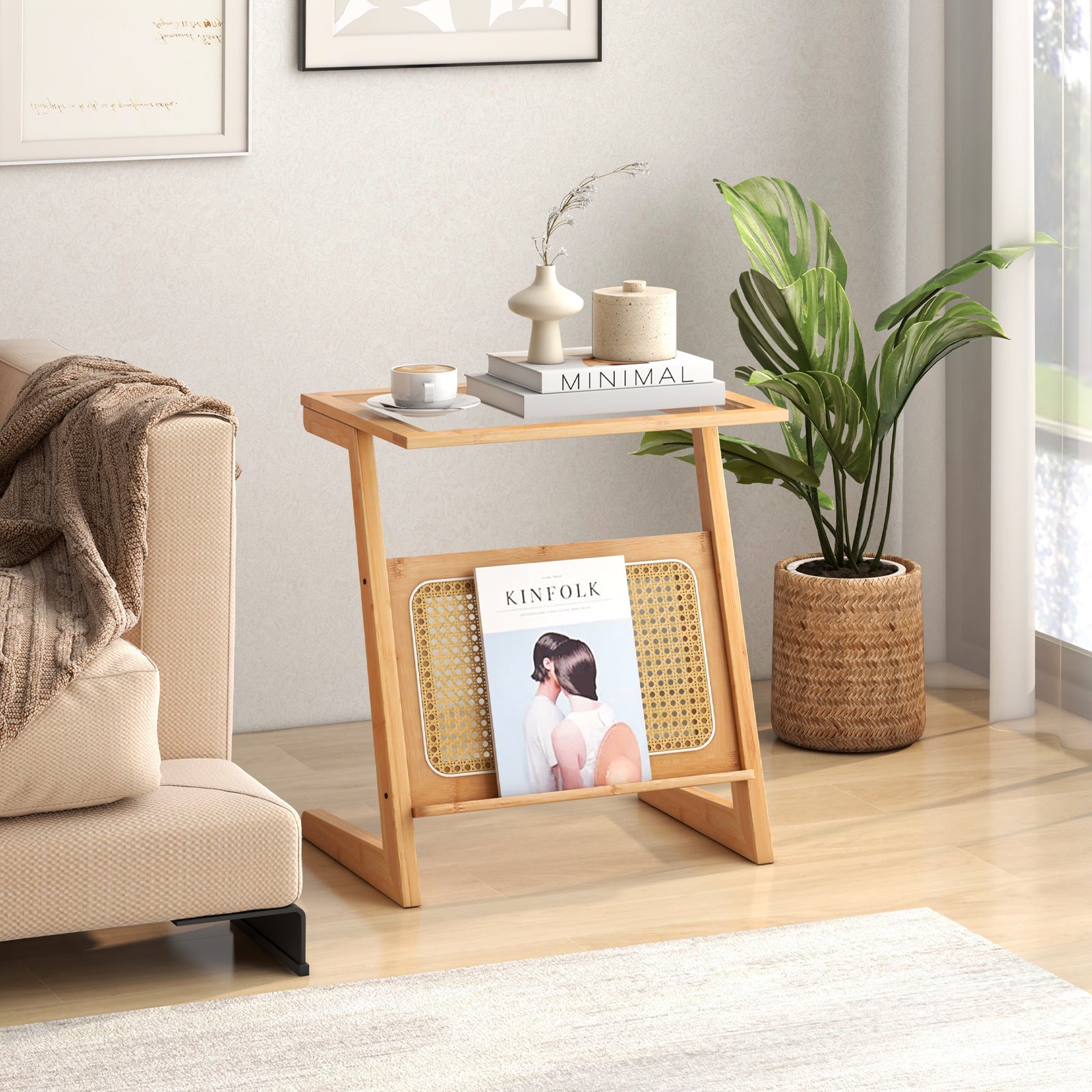 Bohemian Style Z-shaped Bamboo End Table with Rattan Shelf