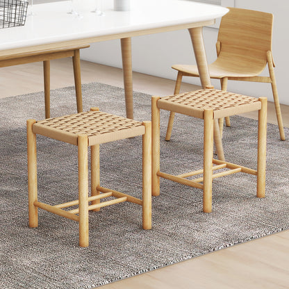 Dining Stool Set of 2 with Rubber Wood Frame and Woven Paper Seat-36 x 36 x 45cm
