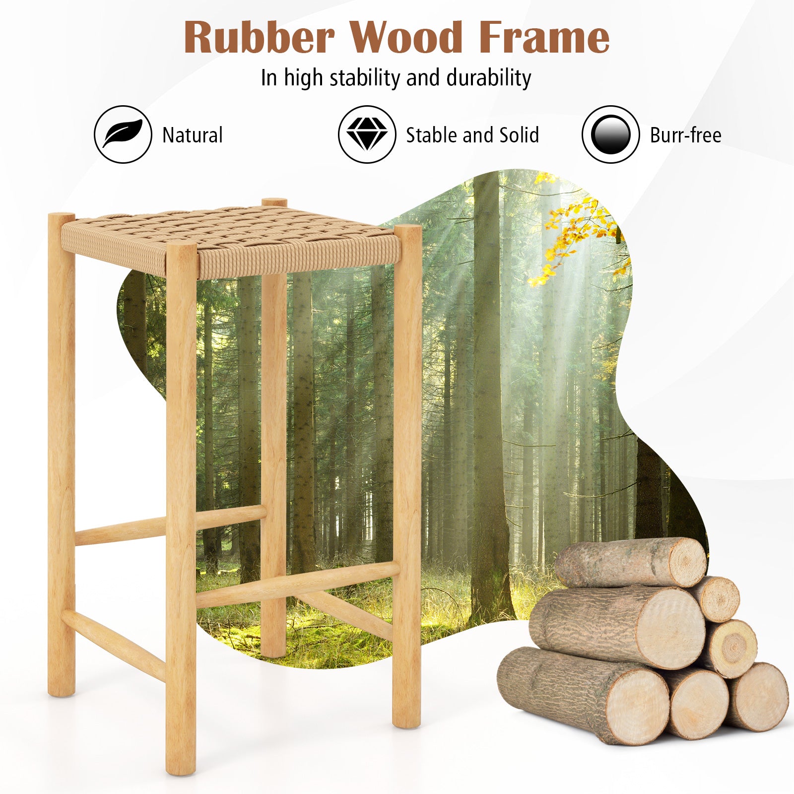 Dining Stool Set of 2 with Rubber Wood Frame and Woven Paper Seat-36 x 36 x 65cm