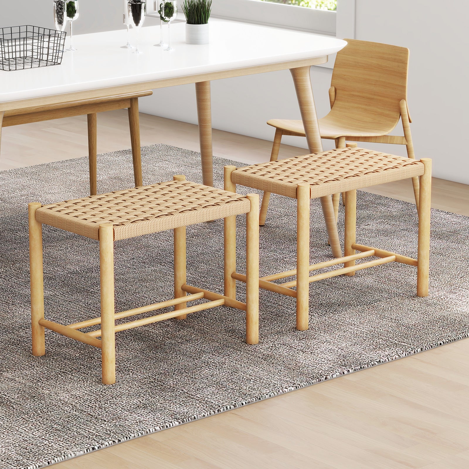 Dining Stool Set of 2 with Rubber Wood Frame and Woven Paper Seat-56 x 36 x 45cm