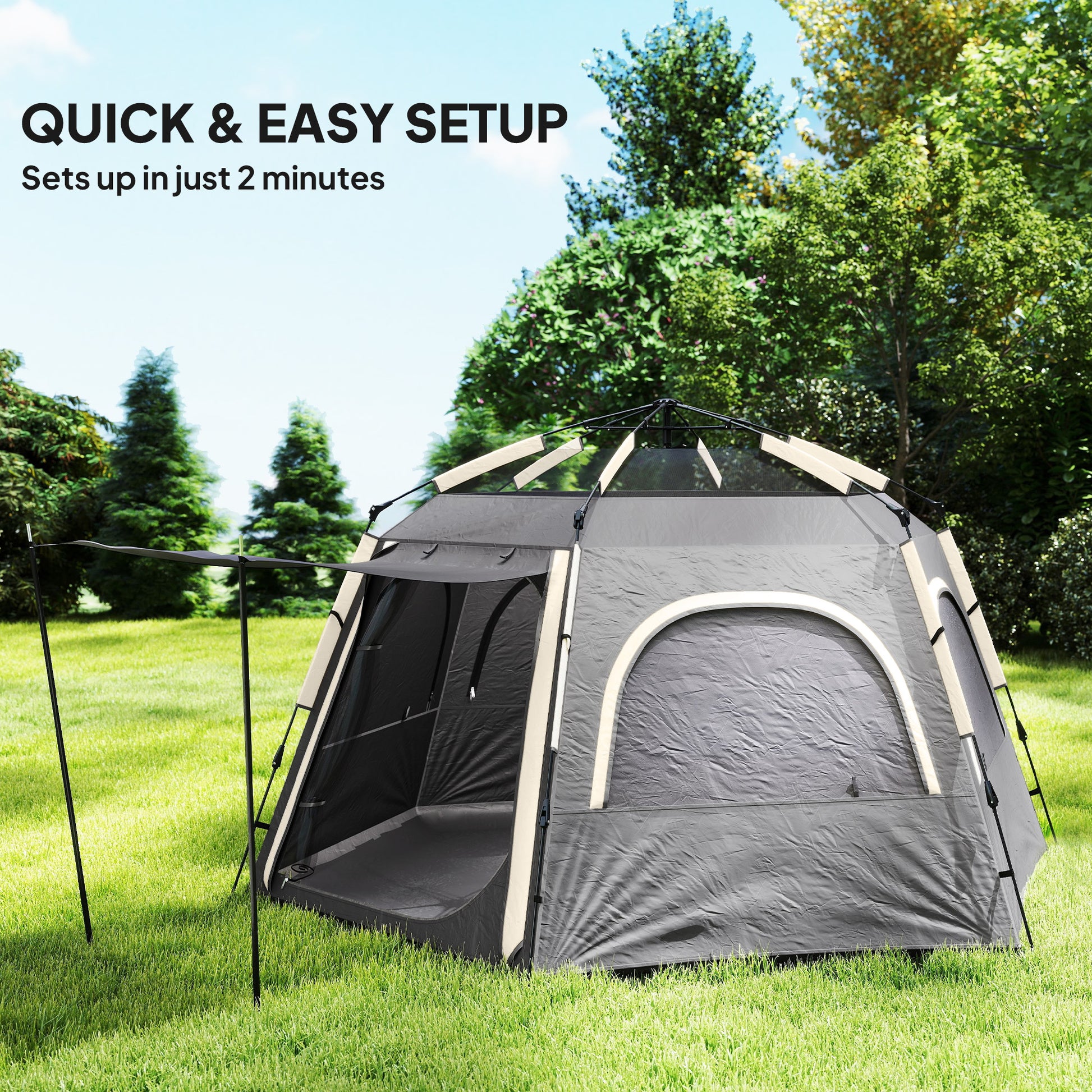 Outsunny Instant Camping Tent, 2/3/4 Person Easy Setup Dome Family Tent with Vestibule, Rainfly, 4 Mesh Windows & 2 Doors, Hexagonal Design, Waterproof & UV Protected, Dark Grey
