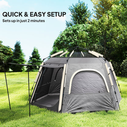 Outsunny Instant Camping Tent, 2/3/4 Person Easy Setup Dome Family Tent with Vestibule, Rainfly, 4 Mesh Windows & 2 Doors, Hexagonal Design, Waterproof & UV Protected, Dark Grey