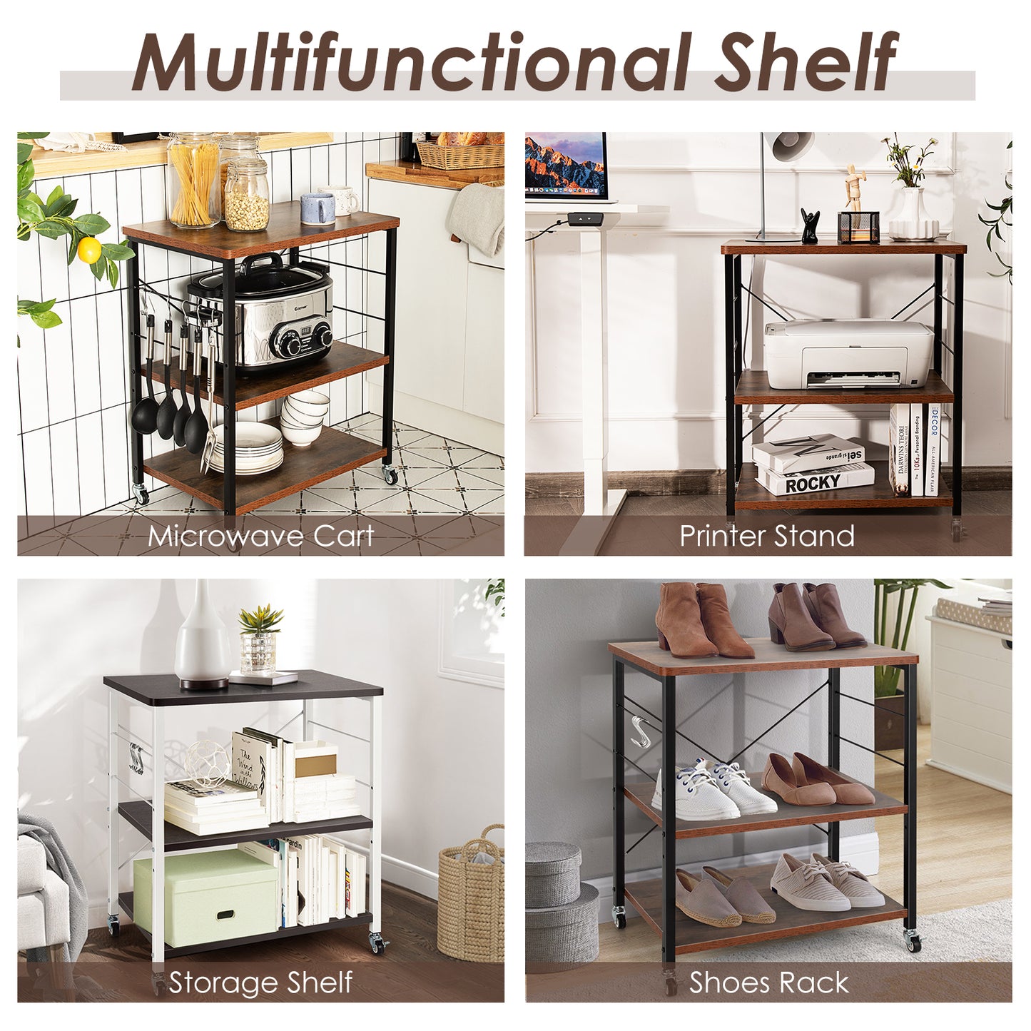 3 Tier Rolling Kitchen Baker's Rack with Adjustable Shelf and Hooks-Rustic Brown
