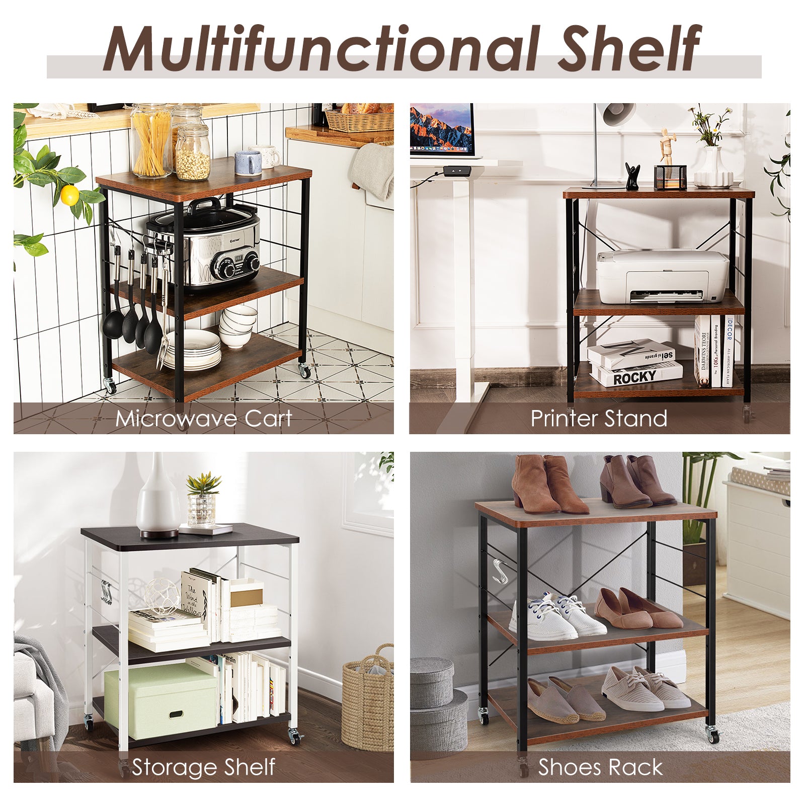 3 Tier Rolling Kitchen Baker's Rack with Adjustable Shelf and Hooks-Rustic Brown