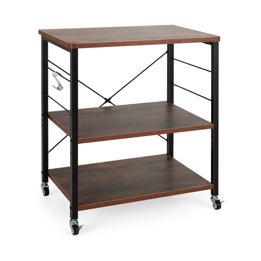 3 Tier Rolling Kitchen Baker's Rack with Adjustable Shelf and Hooks-Rustic Brown