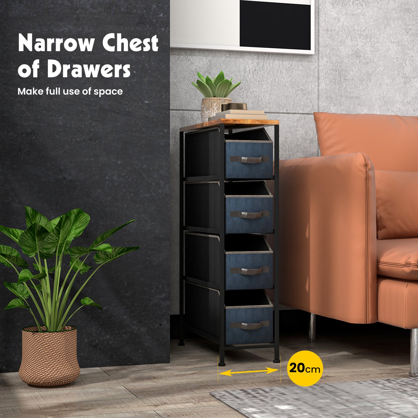 Vertical Narrow Dresser with 4 Removable Fabric Drawers-Black