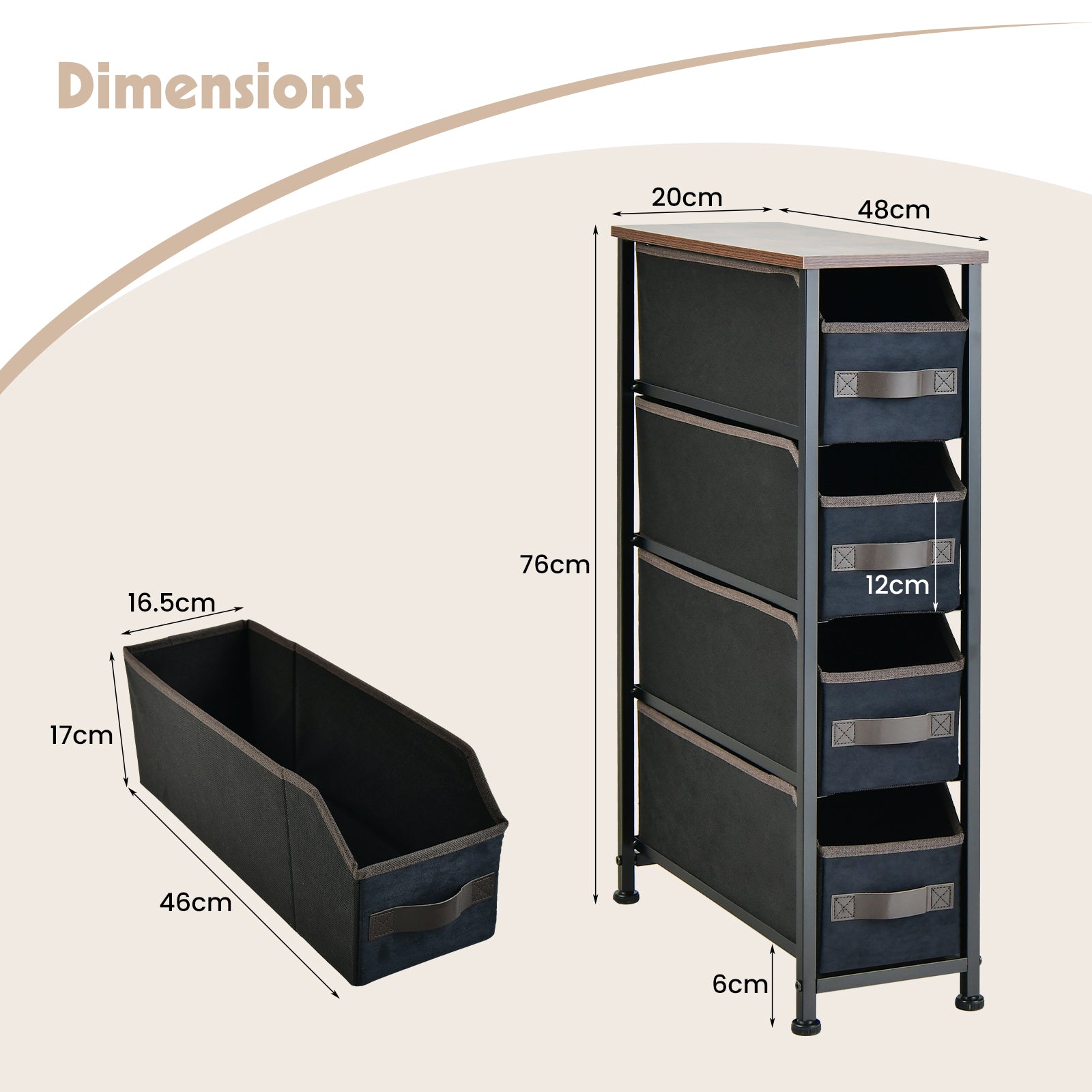 Vertical Narrow Dresser with 4 Removable Fabric Drawers-Black