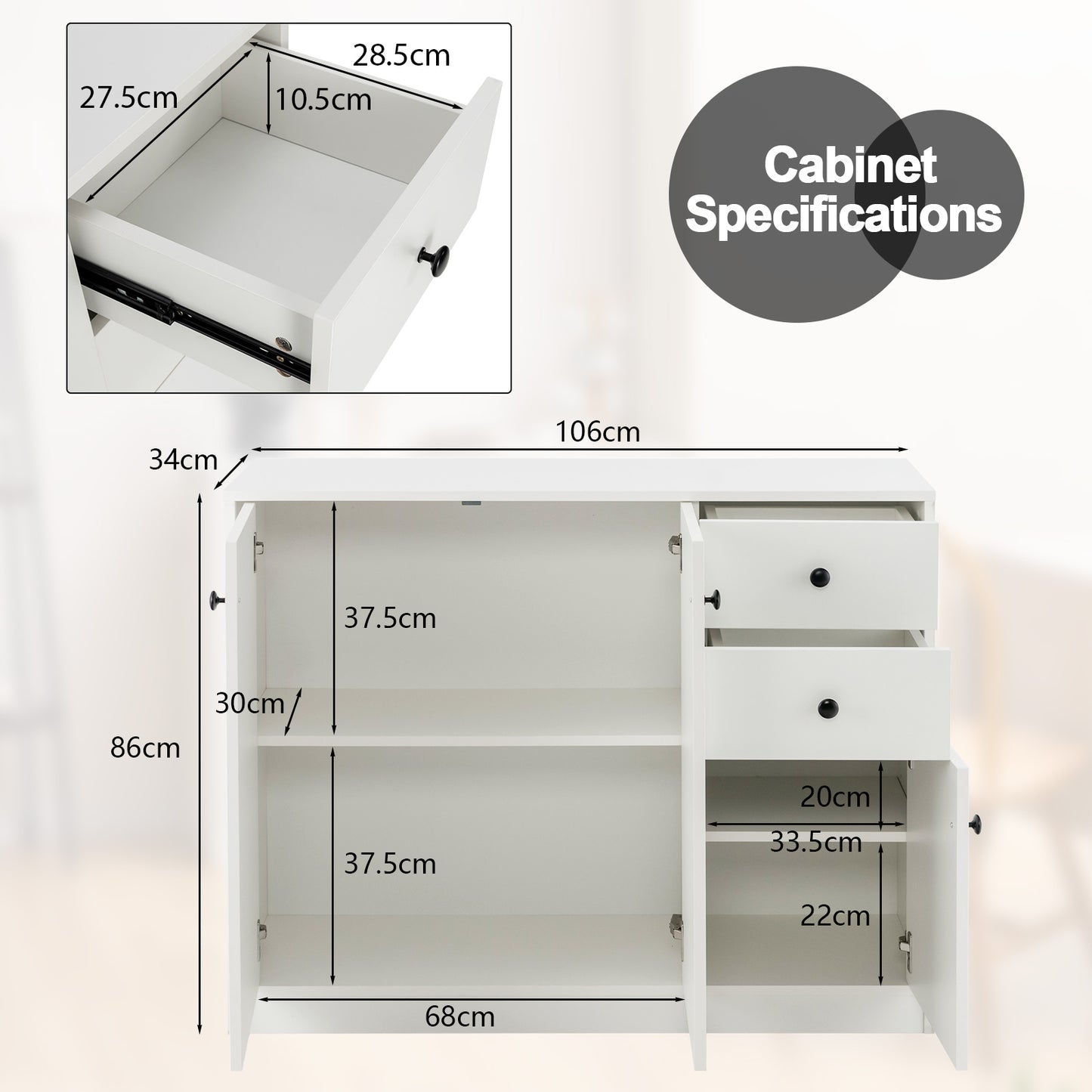 Modern Buffet Sideboard with 2 Pull-out Drawers and 3 Doors-White