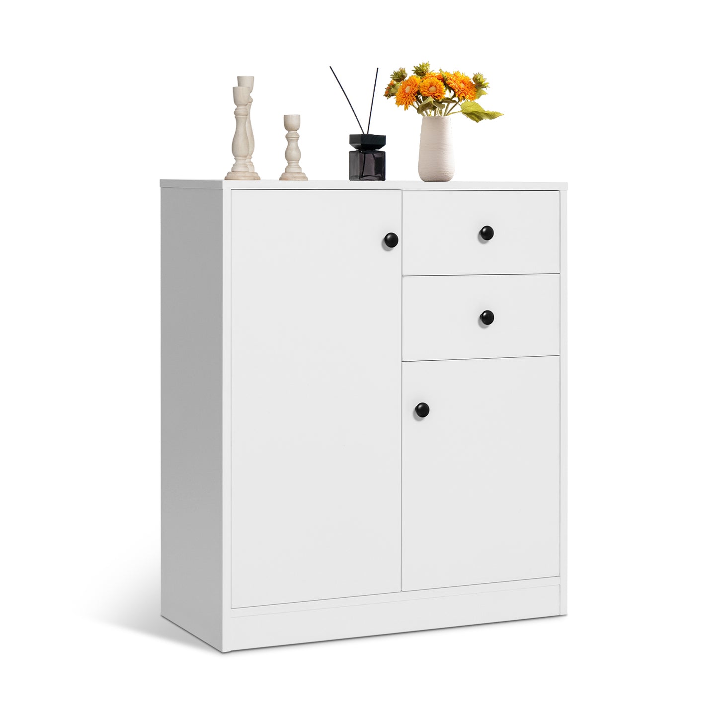 Freestanding Floor Cabinet with 2 Doors and 4 Drawers-White