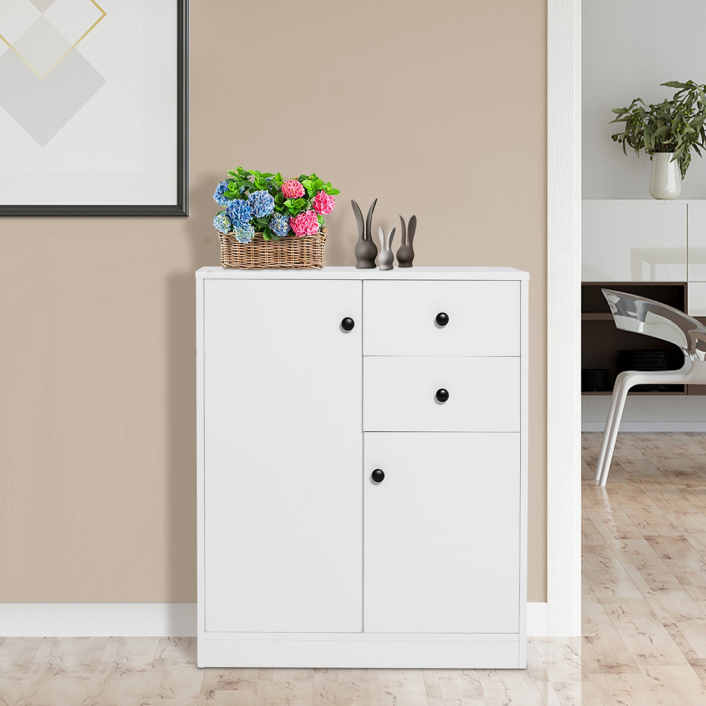 Freestanding Floor Cabinet with 2 Doors and 4 Drawers-White