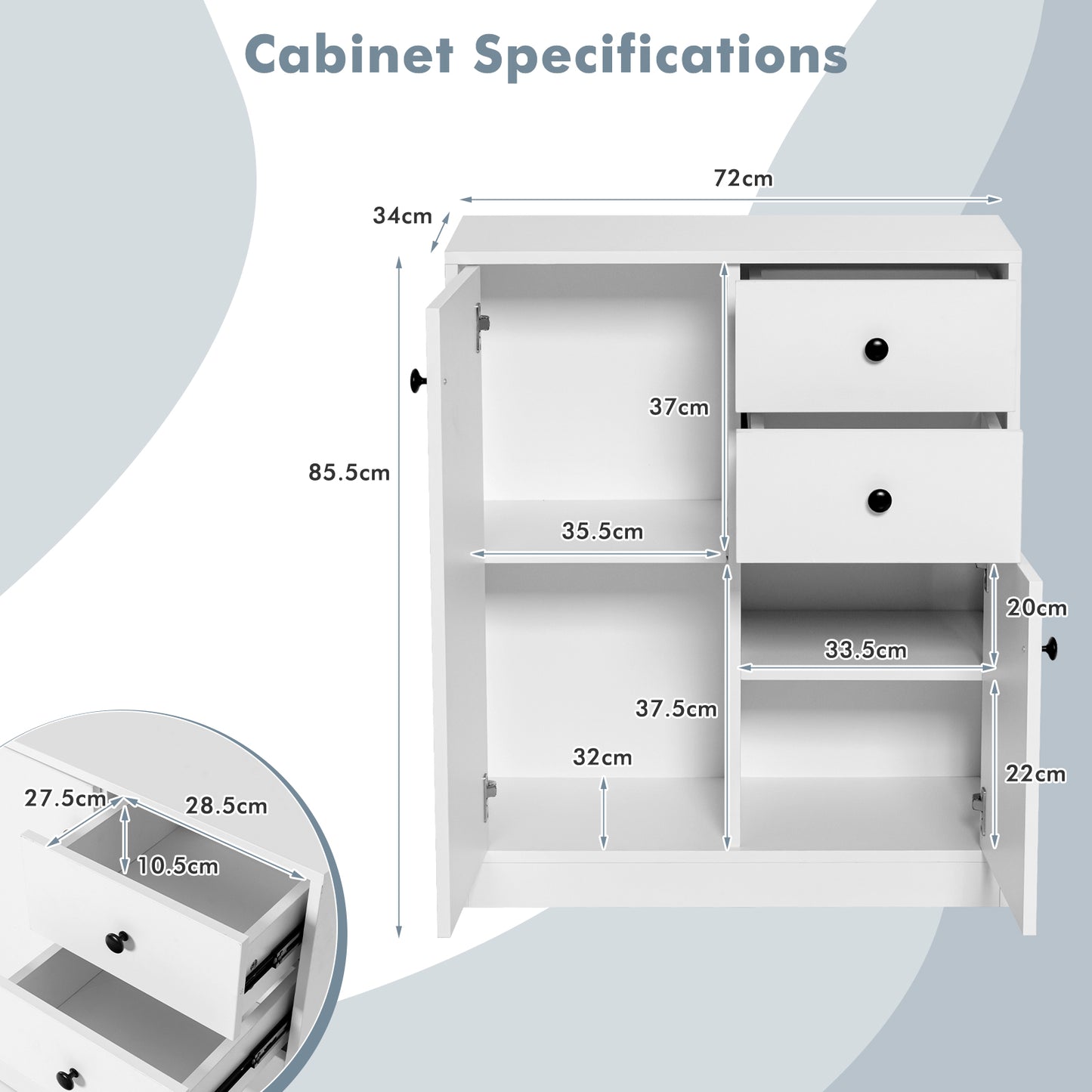 Freestanding Floor Cabinet with 2 Doors and 4 Drawers-White