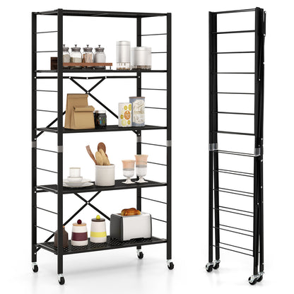 5-Tier Folding Storage Shelves with Adjustable Shelves and Wheels-Black
