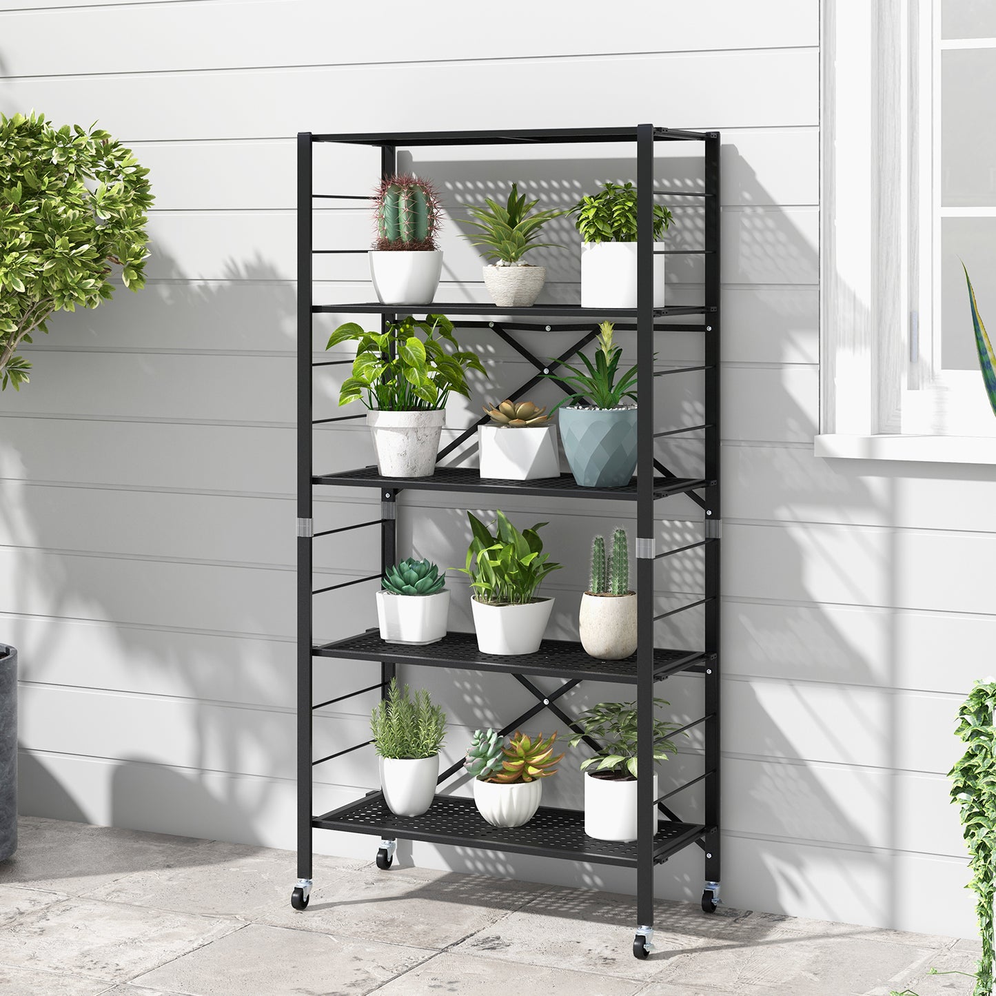 5-Tier Folding Storage Shelves with Adjustable Shelves and Wheels-Black