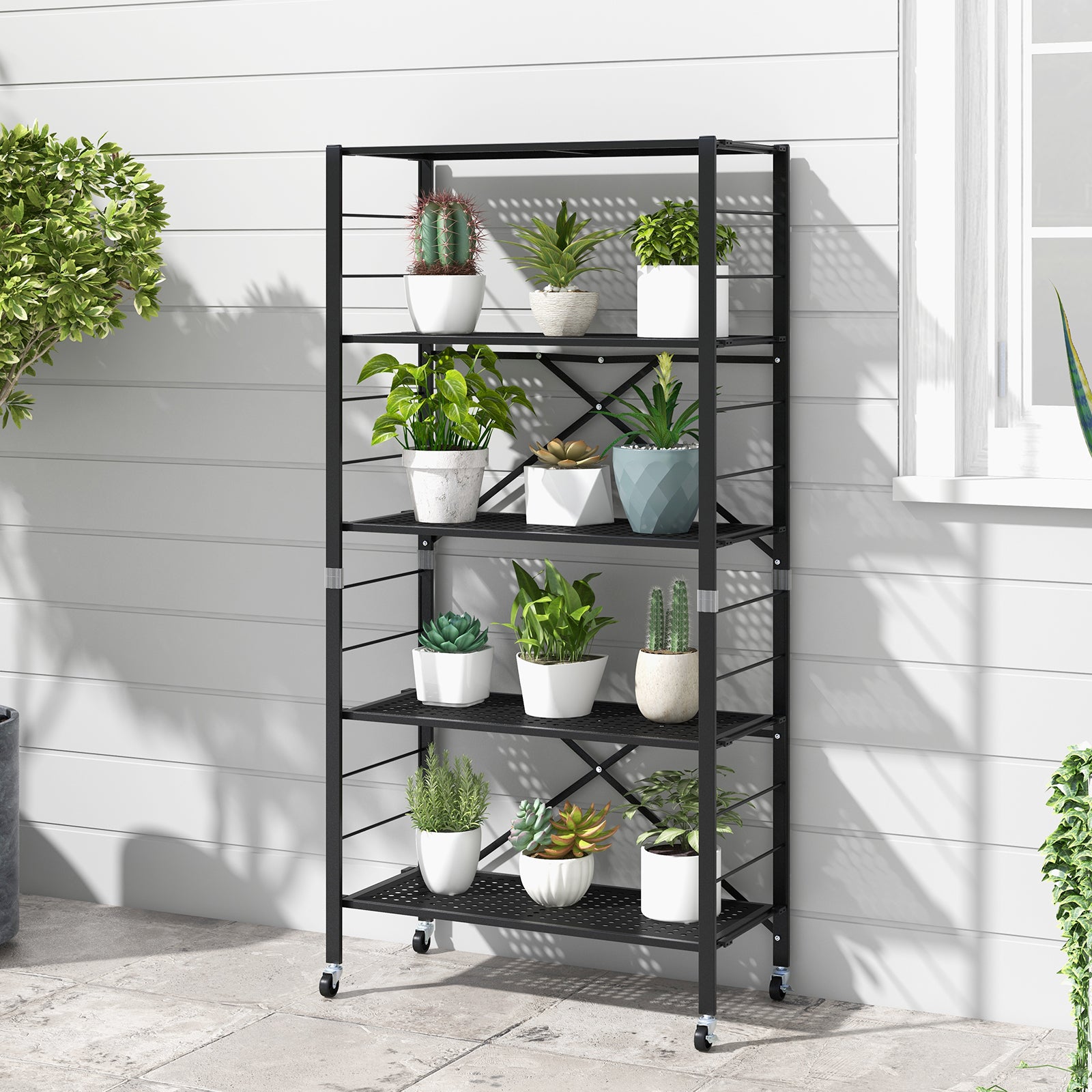 5-Tier Folding Storage Shelves with Adjustable Shelves and Wheels-Black