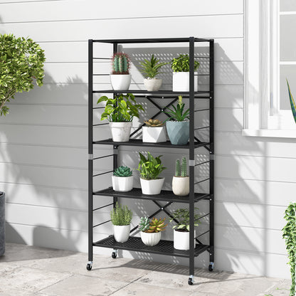 5-Tier Folding Storage Shelves with Adjustable Shelves and Wheels-Black