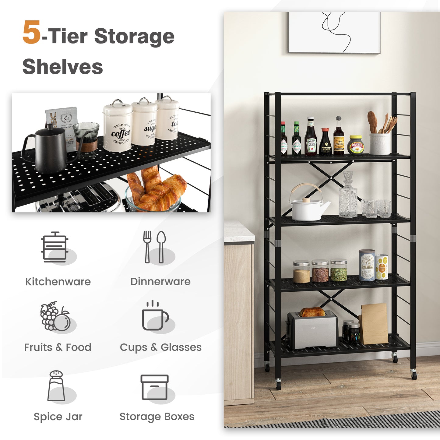 5-Tier Folding Storage Shelves with Adjustable Shelves and Wheels-Black