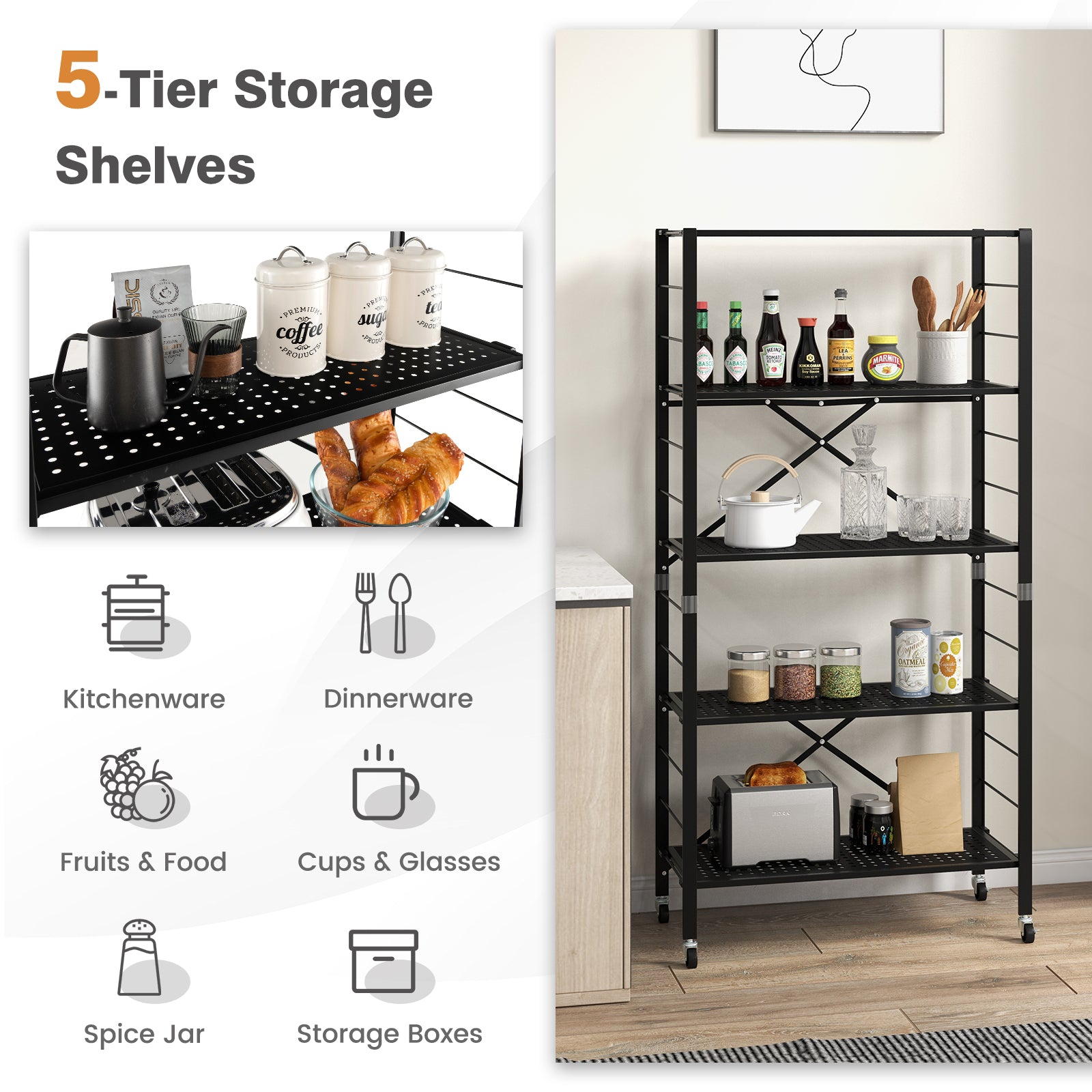 5-Tier Folding Storage Shelves with Adjustable Shelves and Wheels-Black