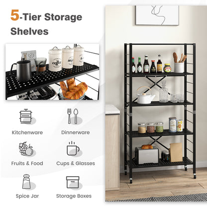 5-Tier Folding Storage Shelves with Adjustable Shelves and Wheels-Black