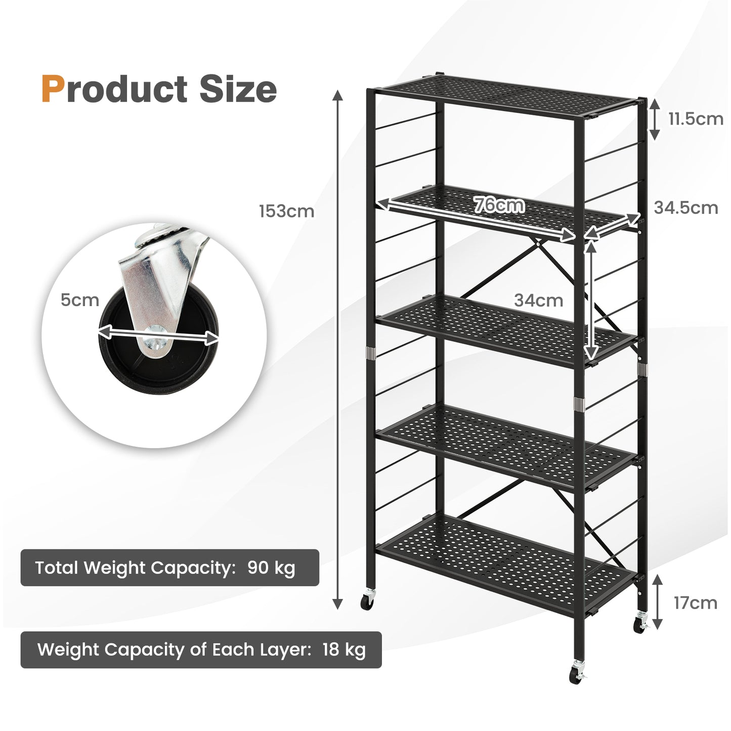 5-Tier Folding Storage Shelves with Adjustable Shelves and Wheels-Black